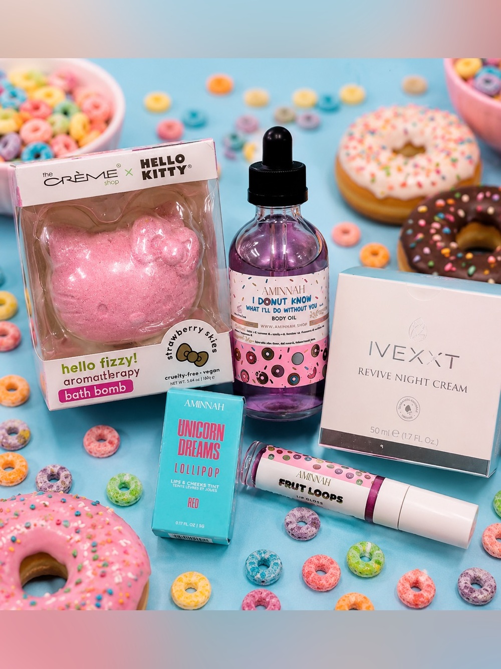 AMINNAH & Hello Kitty Beauty Bundle | Skincare, Body Care, Lip Gloss & Bath Bomb